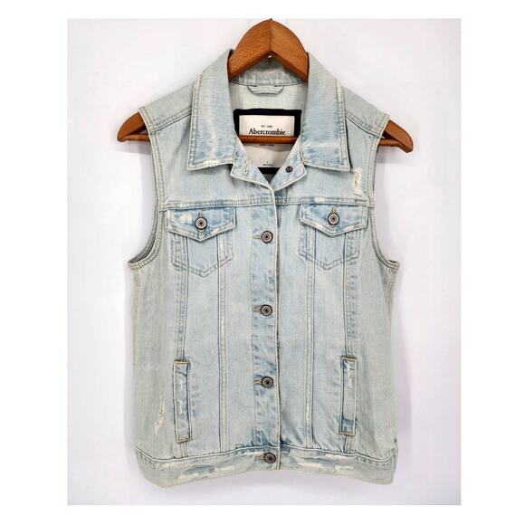 Abercrombie & Fitch Light Wash Distressed Denim Vest Women's Size Large - Picture 2 of 7